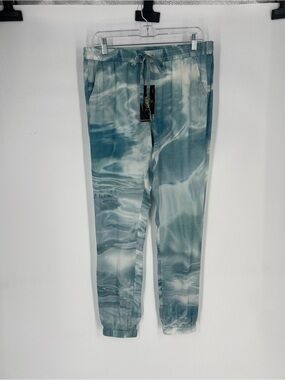 Biya Johnny Was Alura 100% Silk Satin Blue Teal Watercolor Jogger Pants S NWT